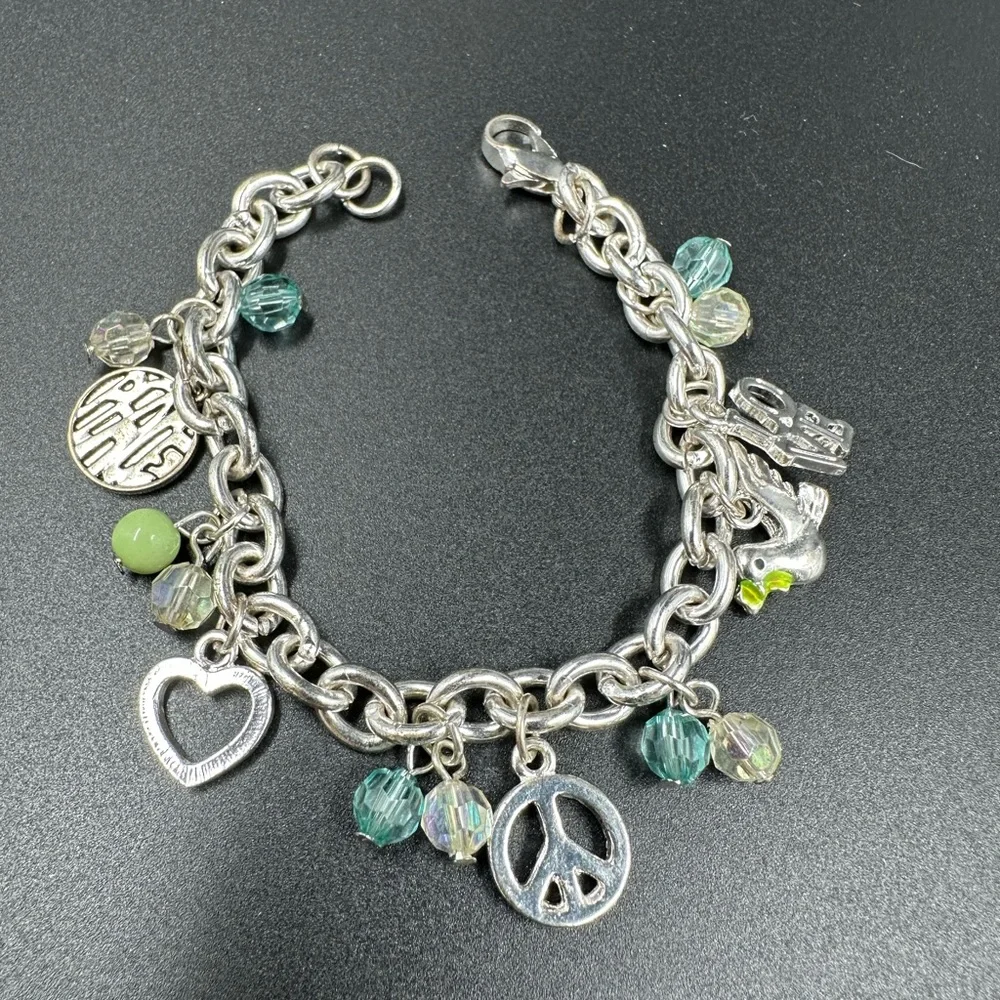 Multicolor Peace and Love Charm Bracelet Heart Love Dove Crystals